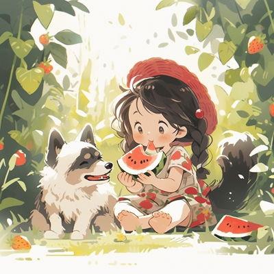 狗狗吃瓜动漫图片高清,动漫萌宠的夏日狂欢时光  第1张